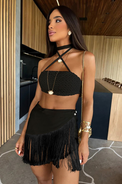 Halter Neck Textured Crop Top Fringed Mini Skirt Vacation 2pcs Set-Beige