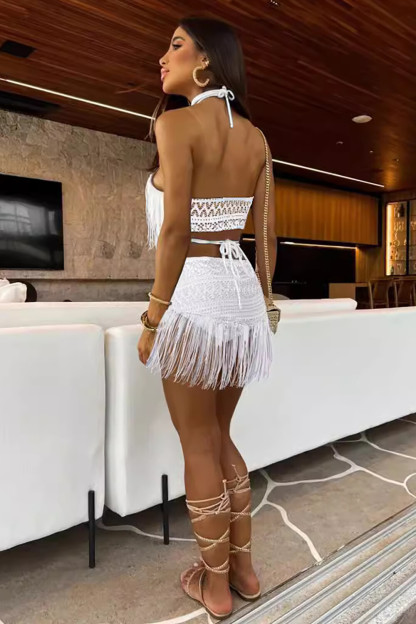 Fringed Design Halter Crop Top Tie Up Mini Skirt Matching Set-White