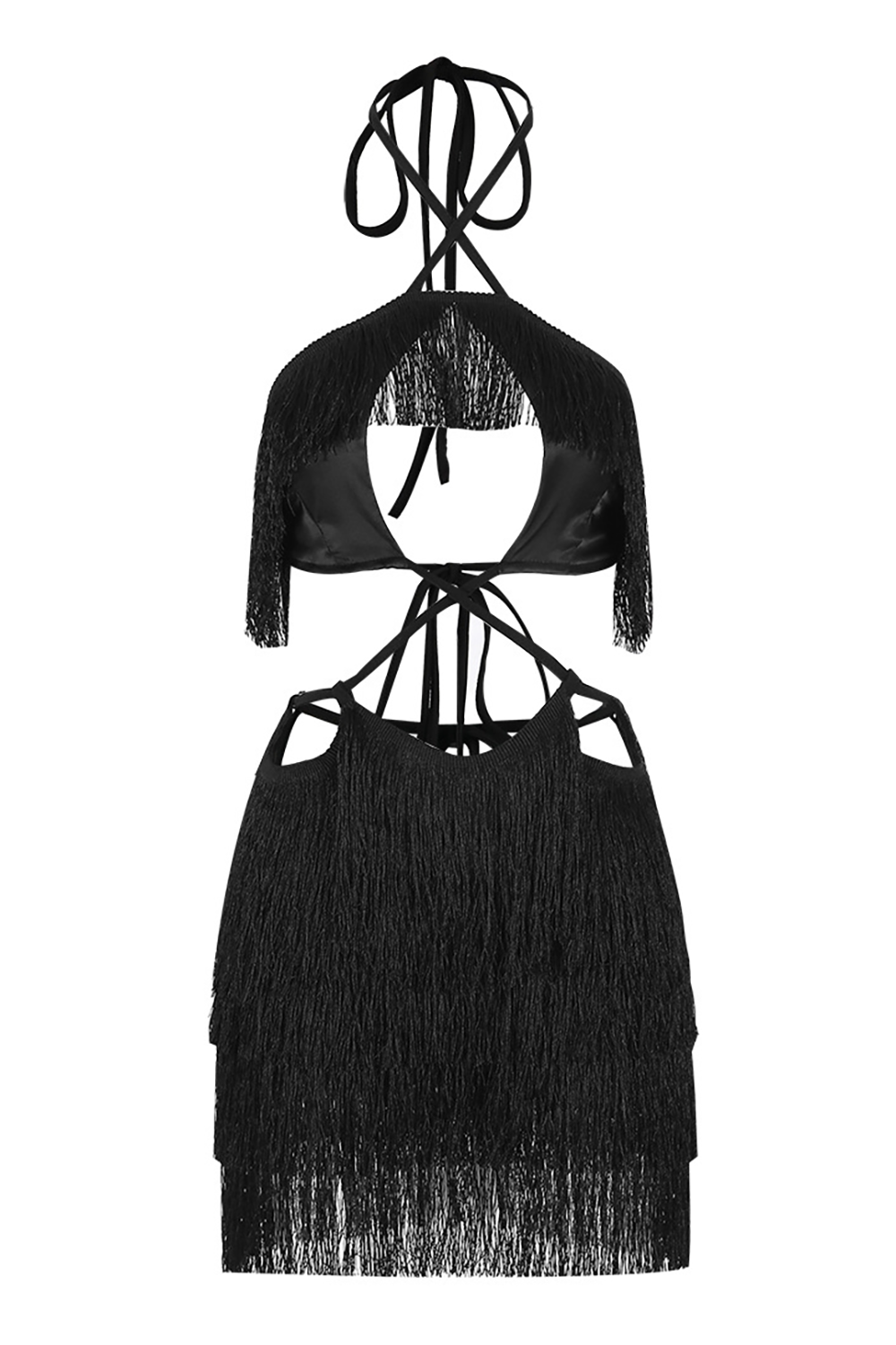 Cutout Halter Neck Slim Fit Fringed Mini Dresses-Black