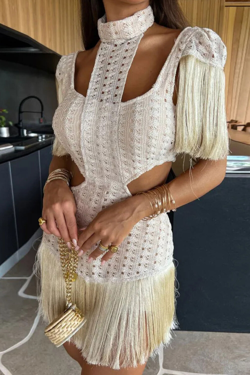 Crochet High Neck Fringed Sleeve Cutout Tasseled Mini Dresses-Beige