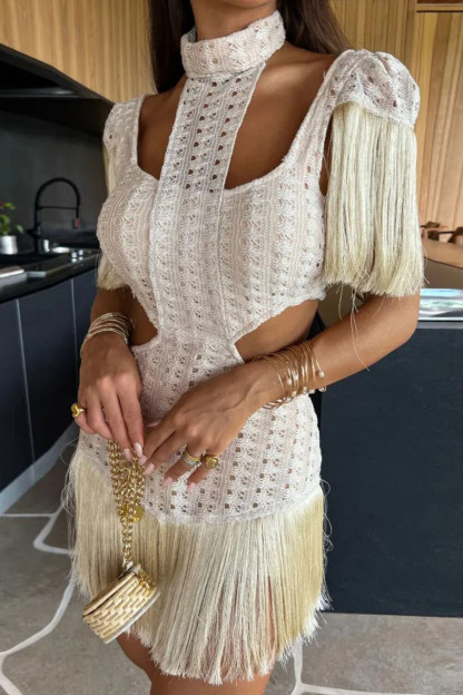 Crochet High Neck Fringed Sleeve Cutout Tasseled Mini Dresses-Beige