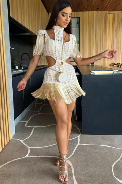 Crochet High Neck Fringed Sleeve Cutout Tasseled Mini Dresses-Beige