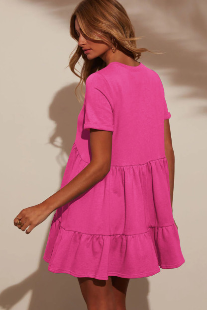Solid Color Short Sleeve Loose Fit A-Line Shirred Mini Dresses-Pink