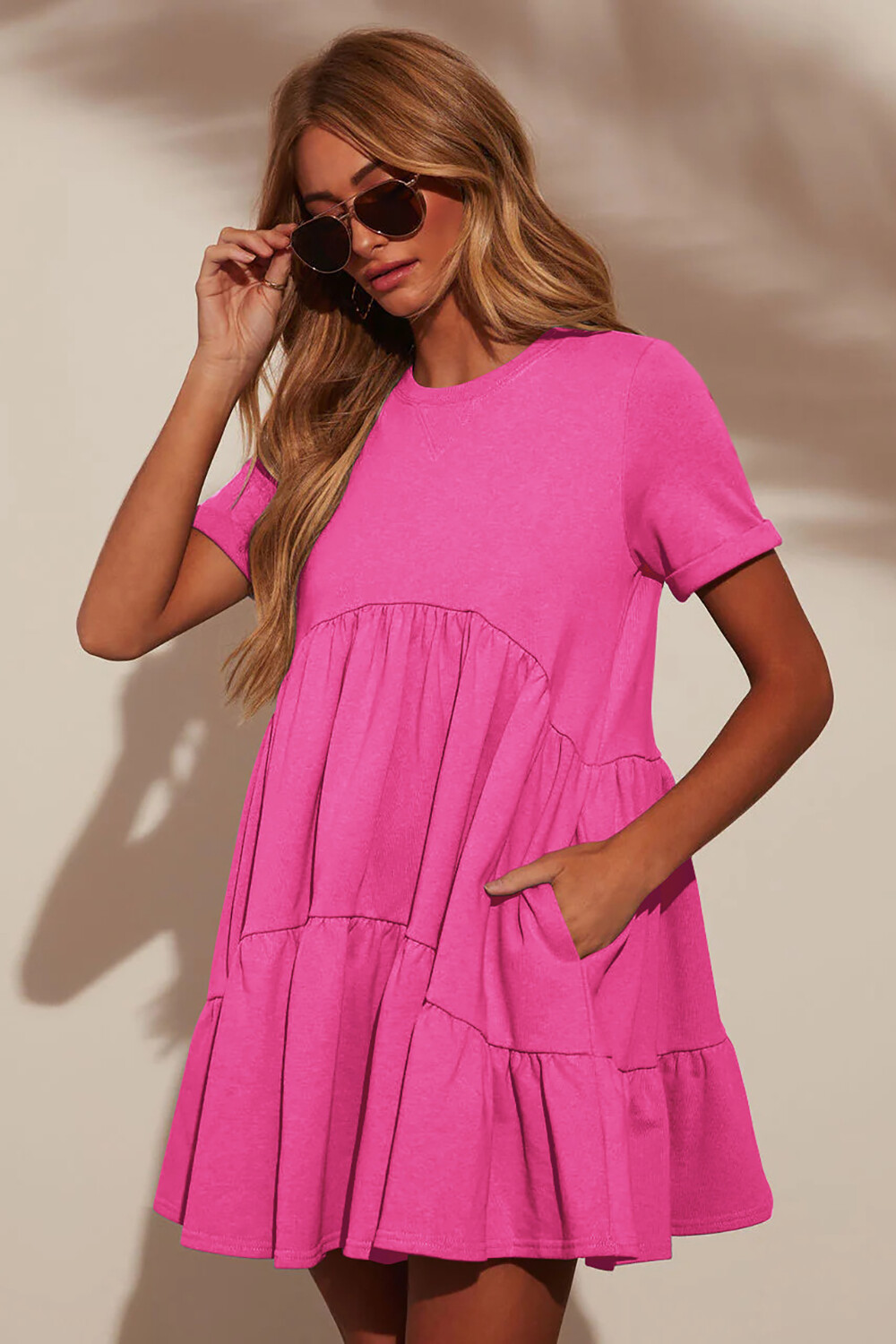 Solid Color Short Sleeve Loose Fit A-Line Shirred Mini Dresses-Pink