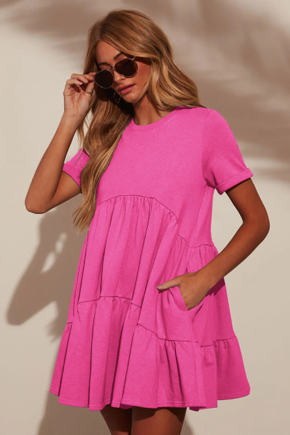 Solid Color Short Sleeve Loose Fit A-Line Shirred Mini Dresses-Pink