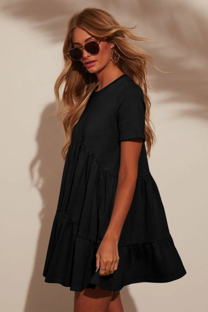 Solid Color Short Sleeve Loose Fit A-Line Shirred Mini Dresses-Pink