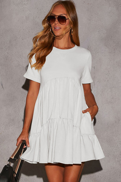 Solid Color Short Sleeve Loose Fit A-Line Shirred Mini Dresses-Pink