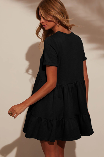 Solid Color Short Sleeve Loose Fit A-Line Shirred Mini Dresses-Pink