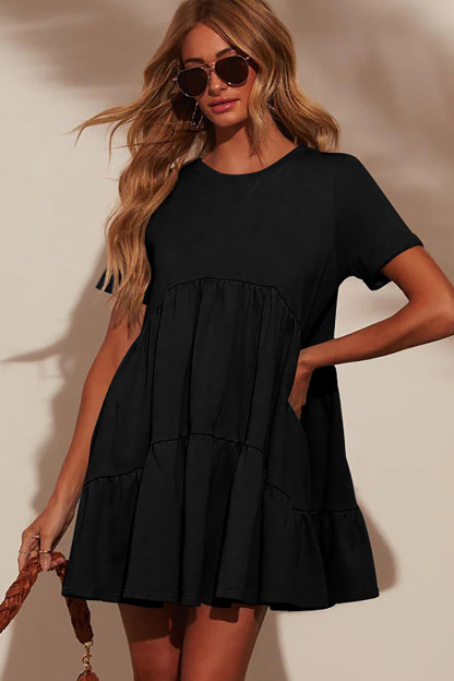 Solid Color Short Sleeve Loose Fit A-Line Shirred Mini Dresses-Pink
