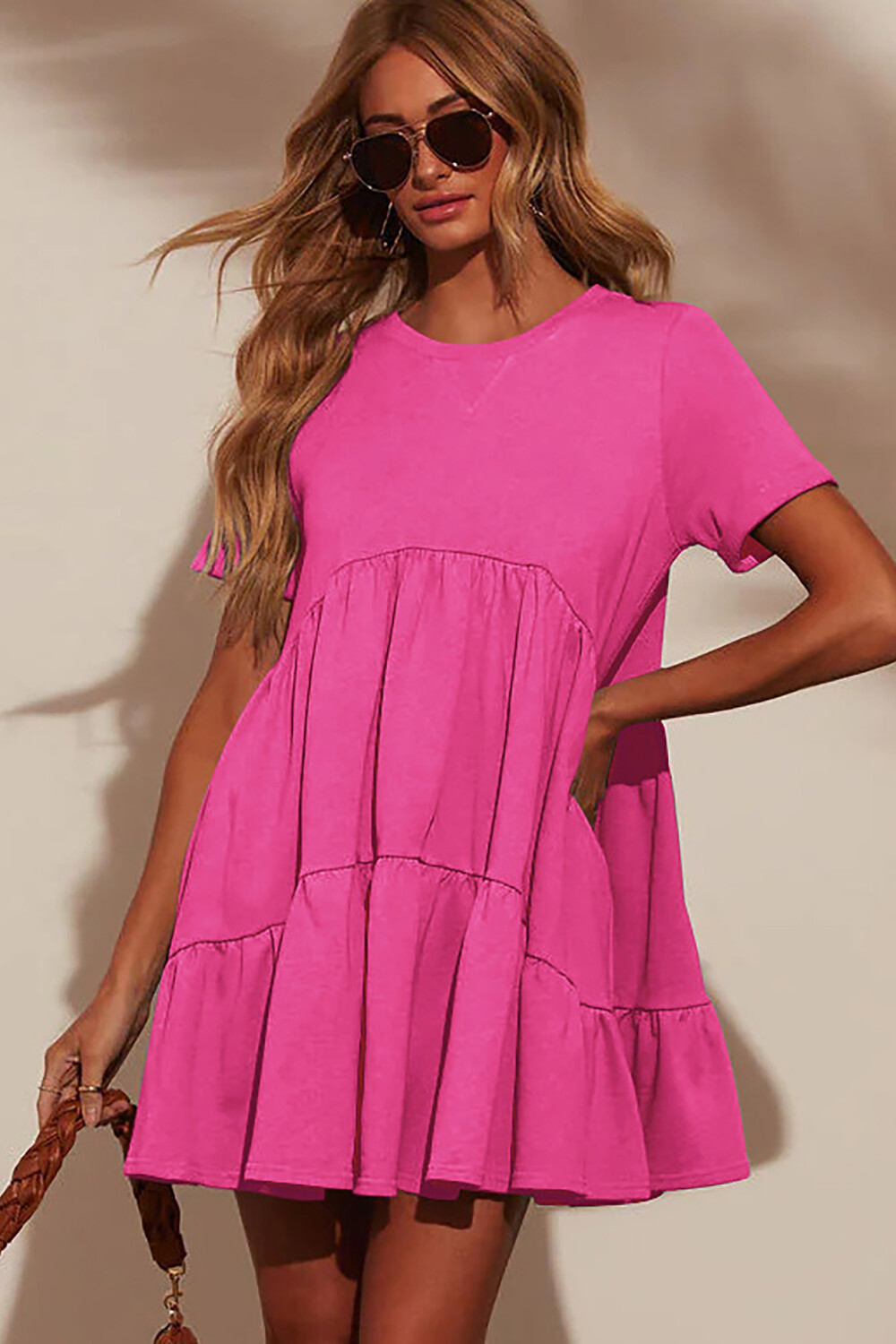 Solid Color Short Sleeve Loose Fit A-Line Shirred Mini Dresses-Pink