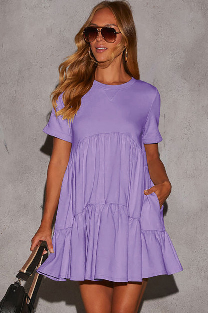 Solid Color Short Sleeve Loose Fit A-Line Shirred Mini Dresses-Pink