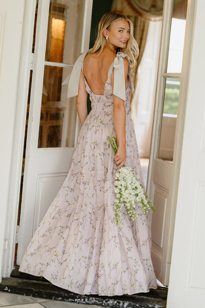 Tie Up Shoulder Straps Floral Print Maxi Dresses-LightPurple [Pre Order]