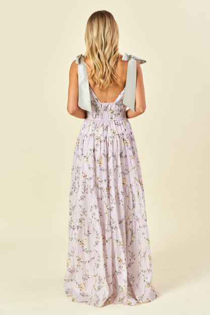 Tie Up Shoulder Straps Floral Print Maxi Dresses-LightPurple [Pre Order]
