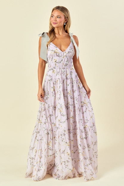 Tie Up Shoulder Straps Floral Print Maxi Dresses-LightPurple [Pre Order]