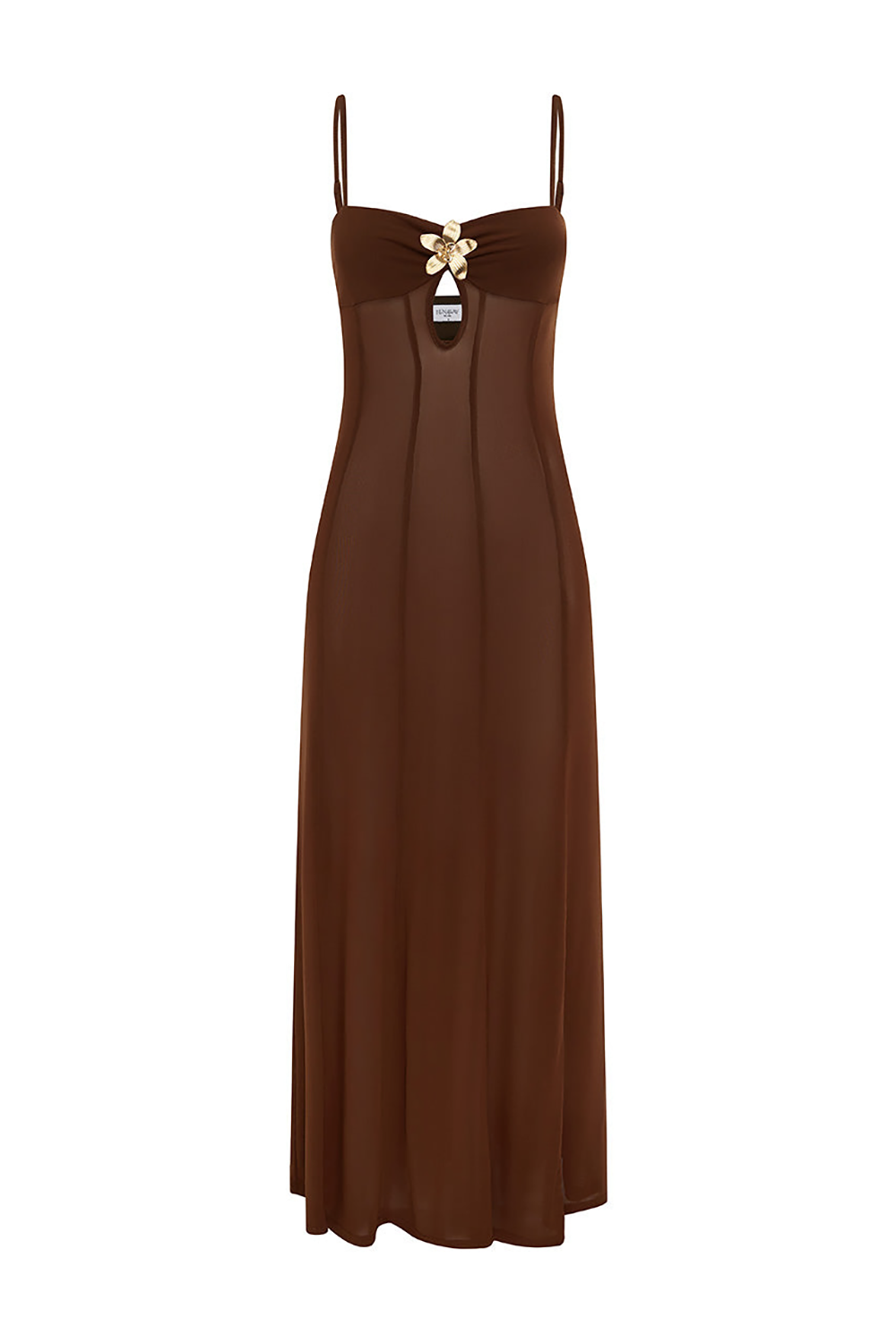 Floral Hardware Cutout See Through Slip Maxi Dresses-Brown [Pre Order]