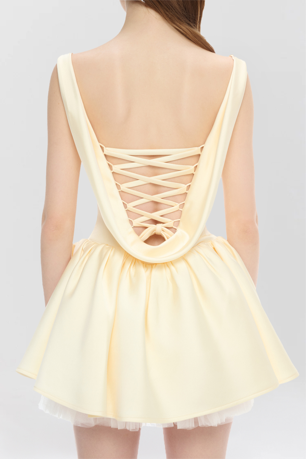 Draped Trim Cinch Waist Lace Up Backless Mini Dresses-Ivory [Pre Order]
