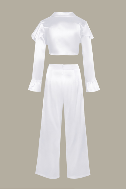V Neck Overlay Design Long Sleeve Crop Top Wide Leg Pants 2pcs Set-White