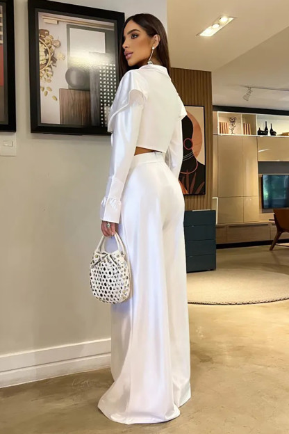 V Neck Overlay Design Long Sleeve Crop Top Wide Leg Pants 2pcs Set-White