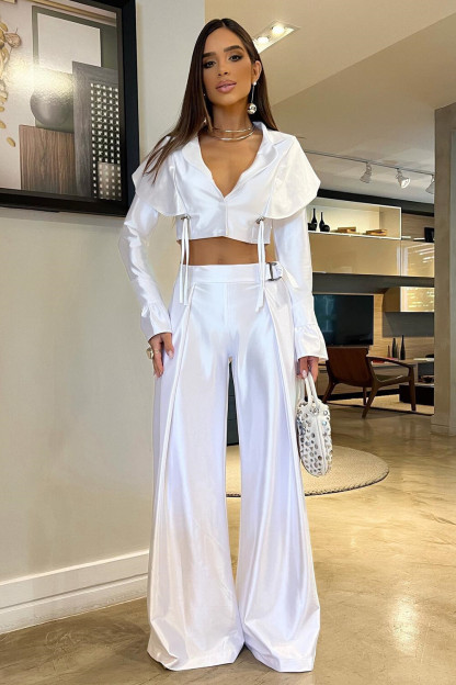 V Neck Overlay Design Long Sleeve Crop Top Wide Leg Pants 2pcs Set-White