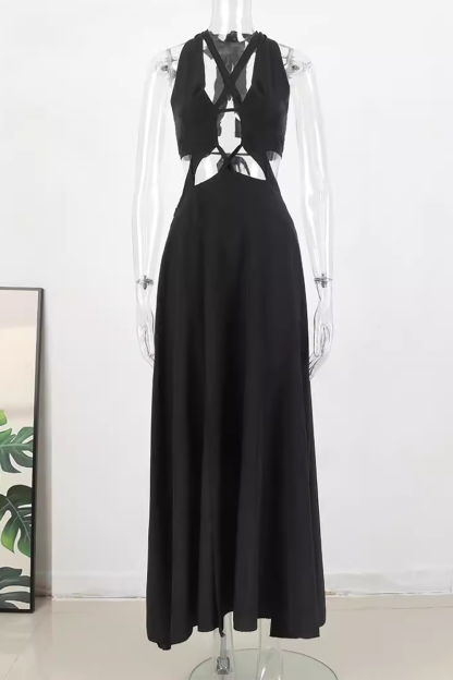 Cutout Lace Up Sleeveless Open Back A-Line Slit Vacation Maxi Dresses-Black