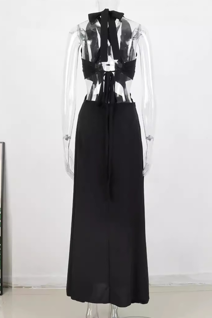 Cutout Lace Up Sleeveless Open Back A-Line Slit Vacation Maxi Dresses-Black