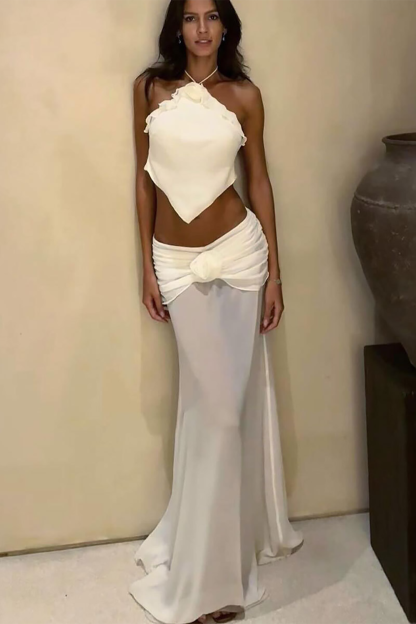 3D Flower Halter Crop Top Sheer Maxi Skirt Split Swimsuit 3pcs Set-White