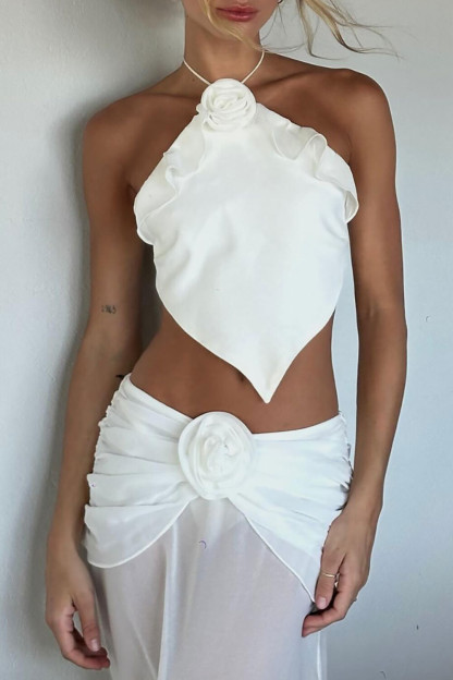 3D Flower Halter Crop Top Sheer Maxi Skirt Split Swimsuit 3pcs Set-White