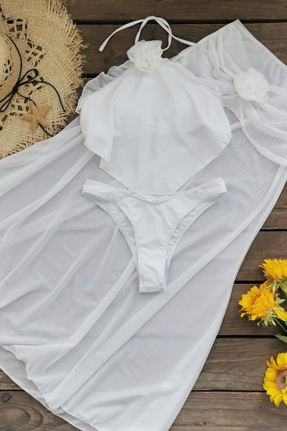 3D Flower Halter Crop Top Sheer Maxi Skirt Split Swimsuit 3pcs Set-White