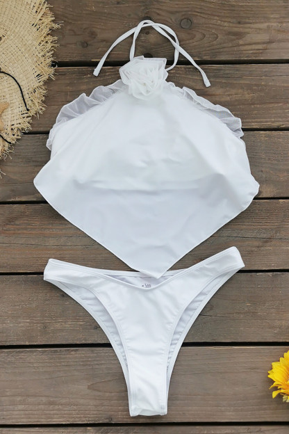 3D Flower Halter Crop Top Sheer Maxi Skirt Split Swimsuit 3pcs Set-White