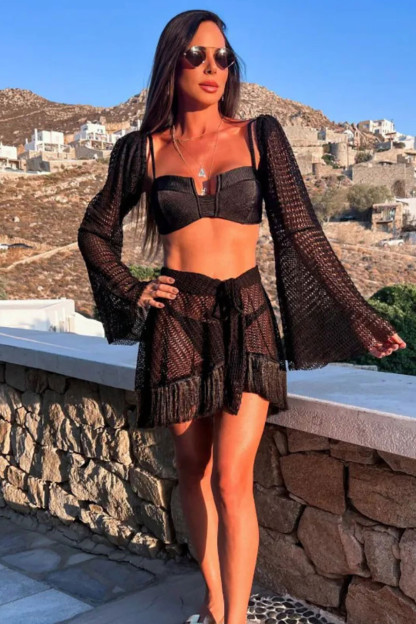 Hollow Out Mesh Bell Sleeve Fringed Mini Skirt Cami Bikini Matching Set-Black