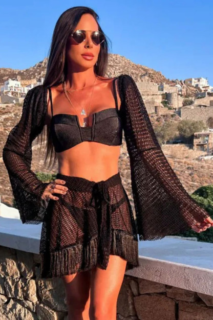 Hollow Out Mesh Bell Sleeve Fringed Mini Skirt Cami Bikini Matching Set-Black