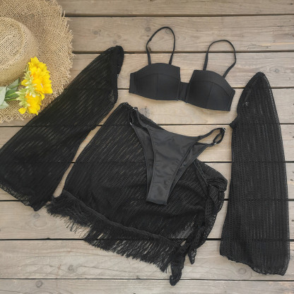 Hollow Out Mesh Bell Sleeve Fringed Mini Skirt Cami Bikini Matching Set-Black