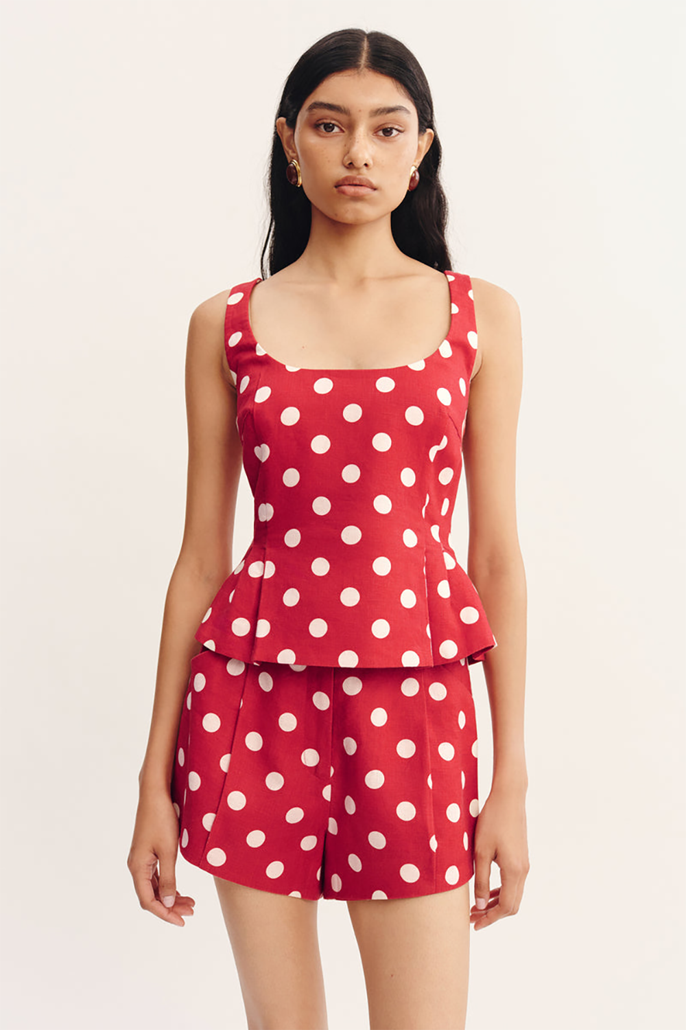 Polka Dot Print Cinch Waist Tank Top Shorts Matching Set-Red [Pre Order]