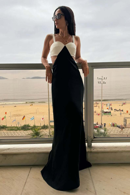 Waist Cutout Slim Fit Colorblock Slip Maxi Dresses-Black