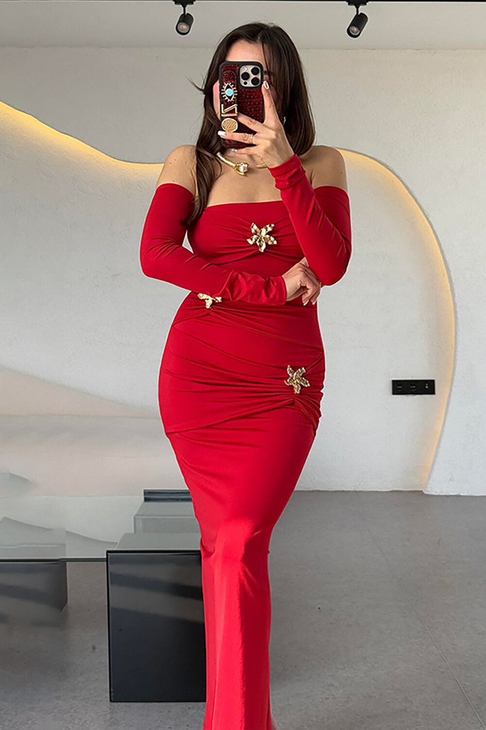 Floral Hardware Off Shoulder Long Sleeve Ruched Slim Fit Maxi Dresses-Red