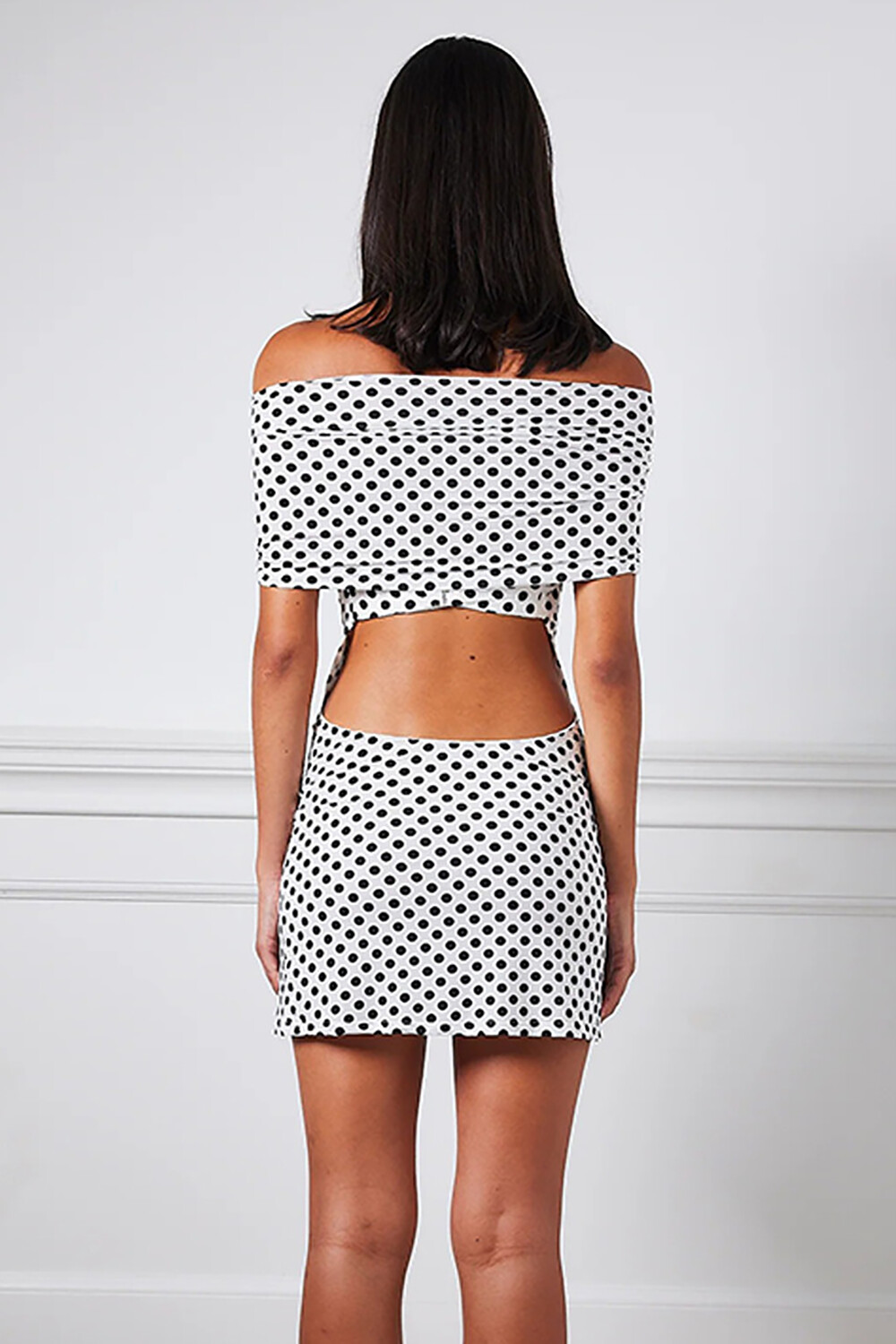 Polka Dot Print Off Shoulder Waist Cutout Fitted Halter Mini Dresses-White