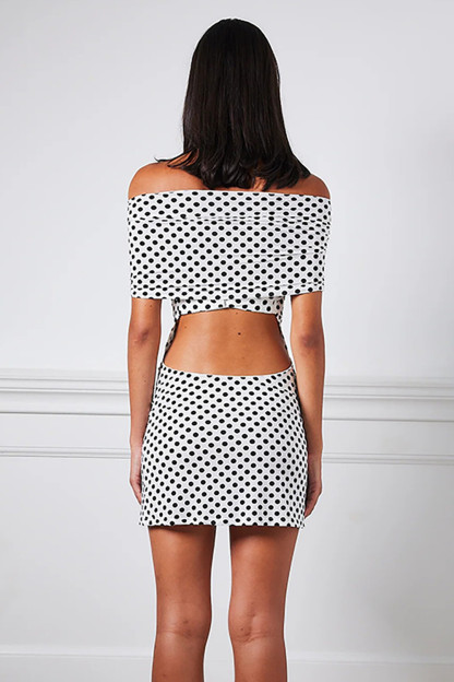 Polka Dot Print Off Shoulder Waist Cutout Fitted Halter Mini Dresses-White