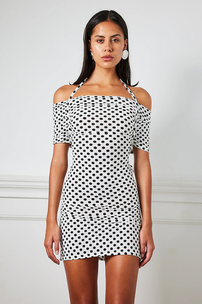 Polka Dot Print Off Shoulder Waist Cutout Fitted Halter Mini Dresses-White