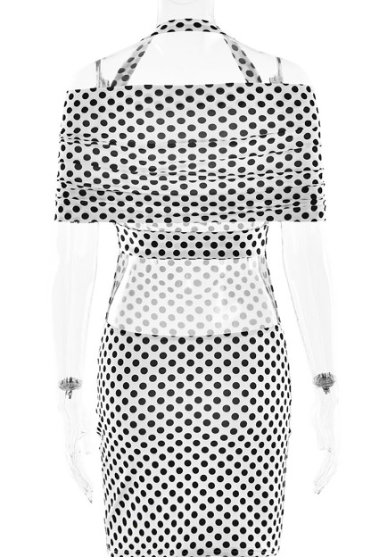 Polka Dot Print Off Shoulder Waist Cutout Fitted Halter Mini Dresses-White