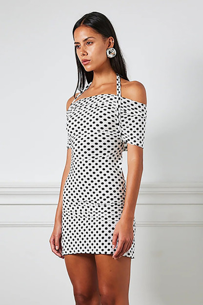 Polka Dot Print Off Shoulder Waist Cutout Fitted Halter Mini Dresses-White