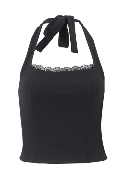 Lace Trim Solid Color Slim Fit Halter Neck Top-Burgundy