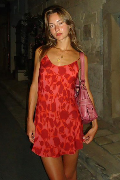 Floral Print U Neckline Spaghetti Strap Mini Dresses-Red