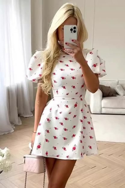Floral Print Puff Sleeve A-Line Mini Dresses-White