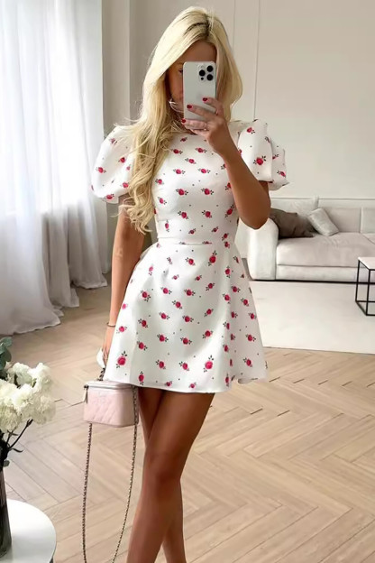 Floral Print Puff Sleeve A-Line Mini Dresses-White