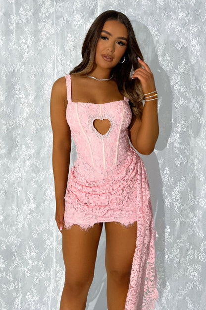Heart Cutout Corset Design Lace Ruched Sash Slip Mini Dresses-Pink [Pre Order]