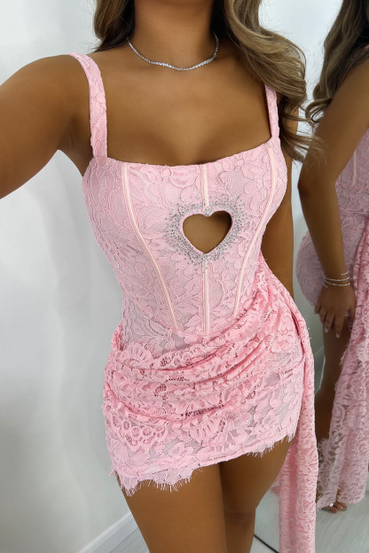 Heart Cutout Corset Design Lace Ruched Sash Slip Mini Dresses-Pink [Pre Order]