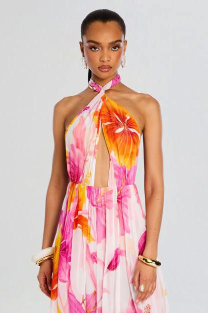 Floral Print Cutout High Slit Halter Maxi Dresses-Fuchsia [Pre Order]
