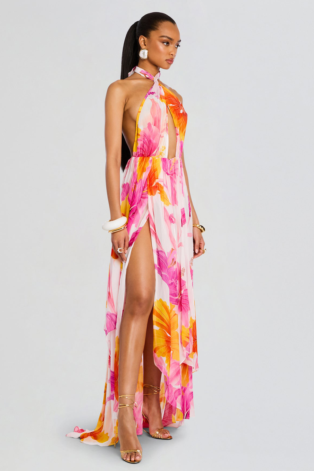 Floral Print Cutout High Slit Halter Maxi Dresses-Fuchsia [Pre Order]