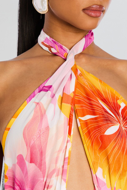 Floral Print Cutout High Slit Halter Maxi Dresses-Fuchsia [Pre Order]