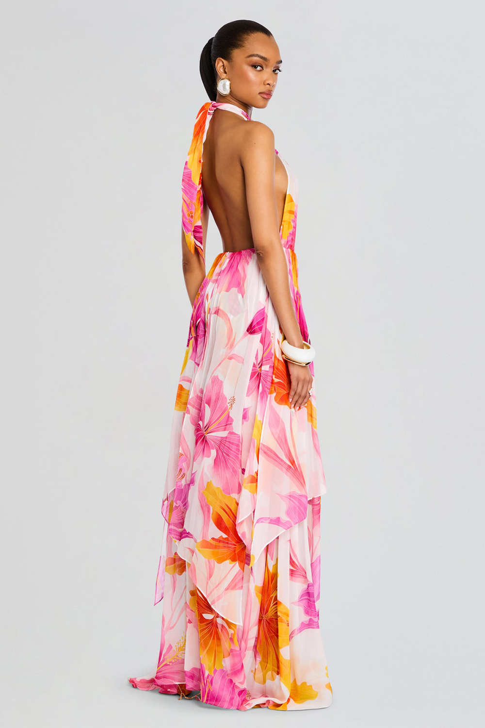Floral Print Cutout High Slit Halter Maxi Dresses-Fuchsia [Pre Order]